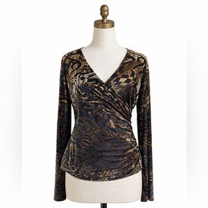 Susan Lawrence Velvet Burnout Wrap Top Bronze Black Animal Abstract Size M Edgy